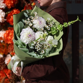 Букет "Ольга" из георгин, молюцеллы, эустом, хамелациума и орнитогалума в Серпухове